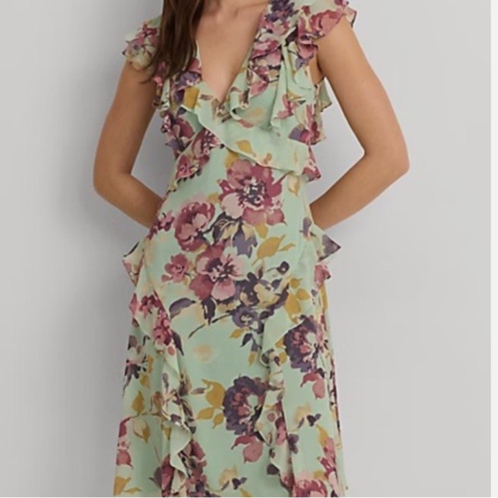 NWT Lauren Ralph Lauren Floral Ruffle-Trim Georgette Dress size 12 P